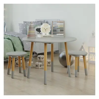 (Table with Stools, Grey) Kids Wooden Round Table & Chair Set Toddlers Small Children Home Nurse