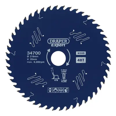 Draper Expert TCT Circular Saw Blade for Wood with PTFE Coating, x 30mm, 48T