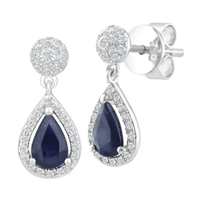 Jewelco London 18ct White Gold Round 20pts Diamond Pear 1ct Sapphire Teardrop Drop Earrings - DE