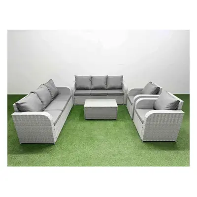 Fimous PE Rattan High Back Lounge Sofa Set Patio Coffee Table & Chairs Set with Seater Sofa Recl