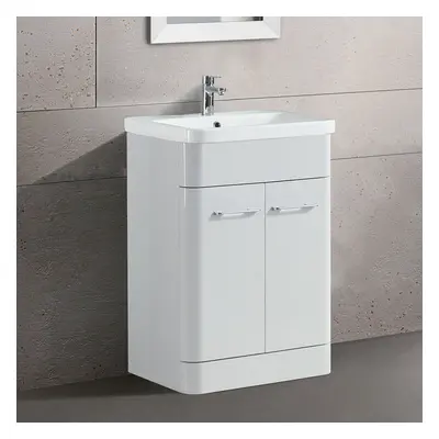 Nes Home Freestanding White Gloss Vanity Sink Unit Bathroom Furniture 600mm Modern Doors Ceramic