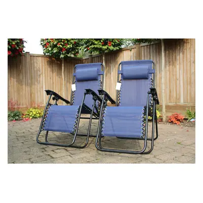 (Blue) SET OF RECLINING SUN LOUNGERS GRAVITY FOLDING GARDEN CHAIRS