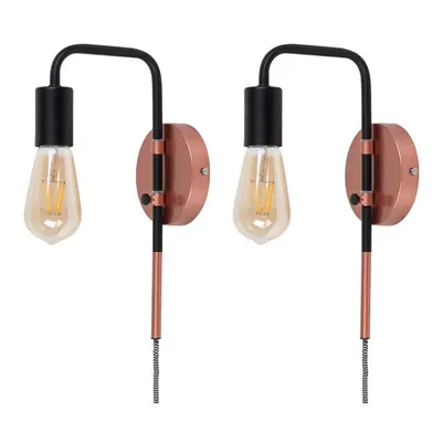 Pair Industrial Copper Black Pipework Plug in Wall Lights 4w Bulbs