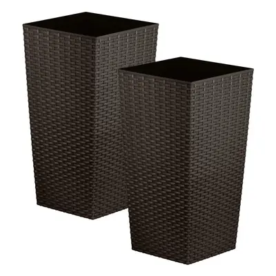 (Brown, Lt) Tall Square Plastic Rattan Indoor/Outdoor Planters, Set of 2, Black, Litre