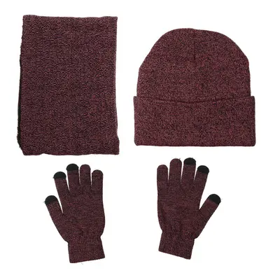 (Wine Red) IN Winter Beanie Hat Knitted Scarf Set Cap+Touch Screen Ski Thick Gloves