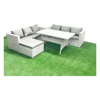 Fimous Rattan Garden Furniture Set Seater Outdoor Sofa Set with Dining Table Big Footstool Light