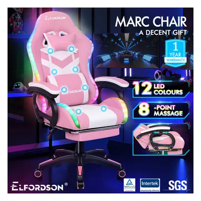 ELFORDSON Gaming Office Chair RGB LED Massage Computer Seat Footrest Pink