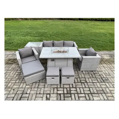 Fimous Outdoor Garden Dining Sets Rattan Furniture Gas Fire Pit Dining Table With Armchairs Side