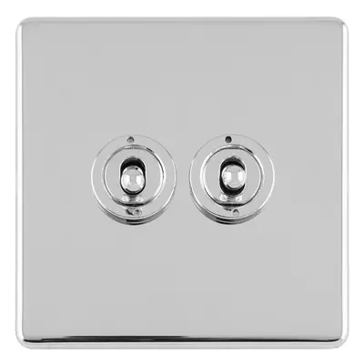 2 Gang Double Retro Toggle Light Switch SCREWLESS POLISHED CHROME 10A 2Way Lever