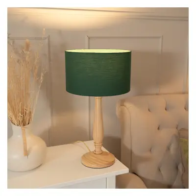 ValueLights Victoria Green Drum Shade with Light Wood Table Lamp