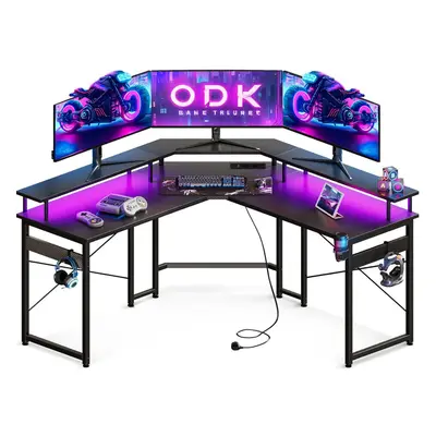 (ODK Gaming Desk with LED Lights, Corner Gaming Desk with Sockets and USB Charging Ports, Shaped