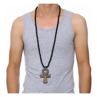 Mens Brown Wooden Ankh Cross Pendant with a Inch Wood Beaded Necklace Male Hip Hop Egyptian Jewe