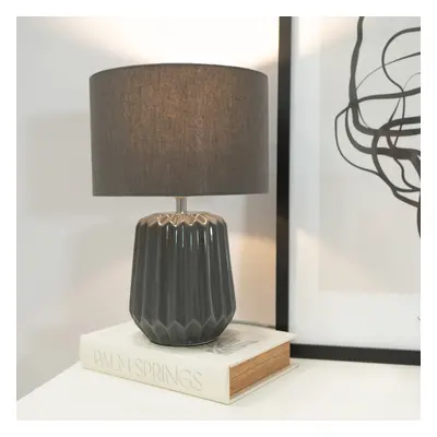 ValueLights Zak Charcoal Pleated Ceramic Table Lamp with LED Bulb