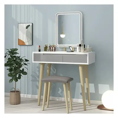 Modern Dressing Table Set Dimmable LED Lighted Mirror w/2 Drawer&Stool