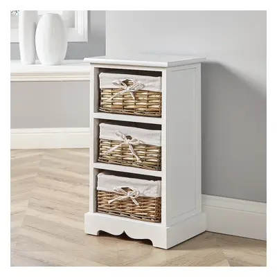 White Wooden Drawer Chest Storage Unit Willow Wicker Baskets Organiser Bedside