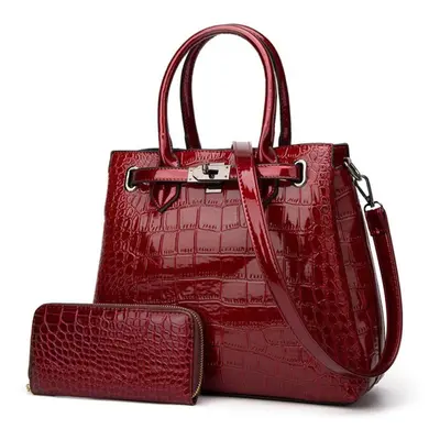 (barn red, one size) Crocodile Pattern Lacquer Leather Women&apos;s Bag Two Piece Handheld One S