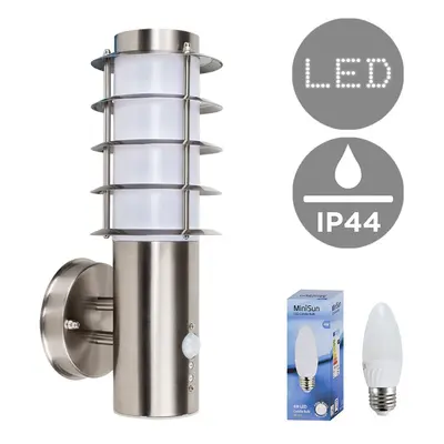 Modern Outdoor Decorative PIR Sensor Stainless Steel Wall Light Lantern - Complete with a 4w LED