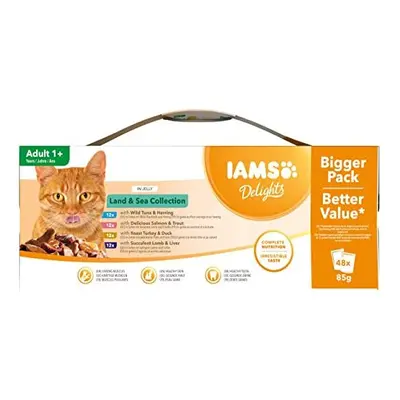 IAMS Delights Wet Food Land & Sea Collection for Adult Cats with Meat and Fish in Jelly, x 85g