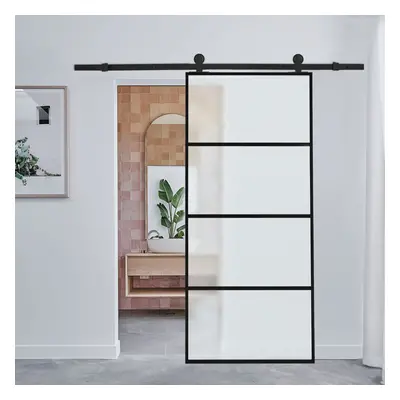 (4*Frosted Glass Panels) Glass Black Barn Door with Sliding Hardware Kit