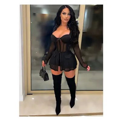 Sheer Mesh Corset Zip Up Jacket Top and Shorts Piece Sets Women Sexy Party Club Two Piece Outfit