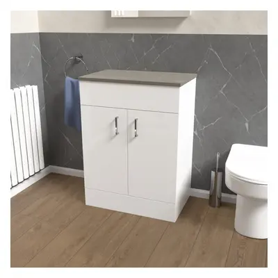 Nes Home 600mm White Vanity Unit Cabinet With Oak Worktop