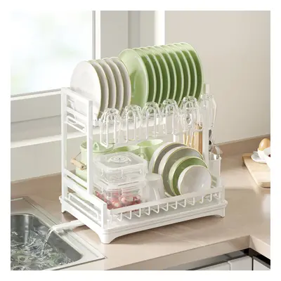 (White) Neo Tier Large Dish Drying Rack with Drip Tray Detachable Drainage Spout Cutting-Board C