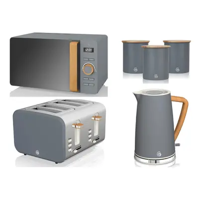 Swan Nordic Grey Kettle, Slice Toaster, Microwave & Canisters Set