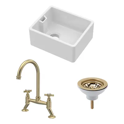 Fireclay Kitchen Bundle - Compact Single Bowl Belfast Sink, Strainer Waste & Bridge Tap, 460mm -