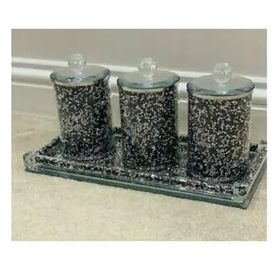 (Black) Set Of Diamond Crushed Tea Coffee Sugar Canisters Jars Storage Crystal Filled