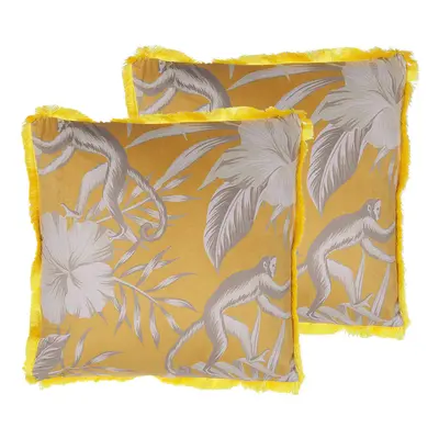 Set of Fringed Cushions Monkey Print x cm Yellow MANJU