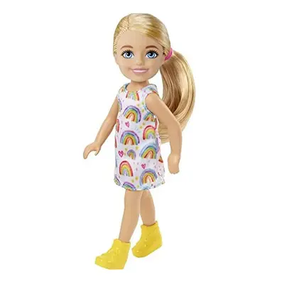 Barbie Chelsea Doll (Blonde) Wearing Rainbow-Print Dress and Yellow Shoes, Toy for Kids Ages Yea