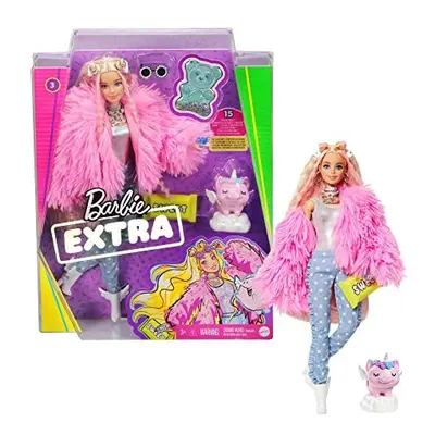 Doll and Accessories, Barbie Extra Fashion Doll with Crimped Hair and Fluffy Pink Coat, Pet Unic