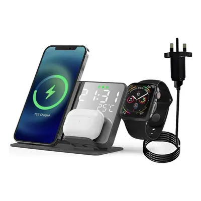 4-in-1 Wireless Charging Station With Digital Alarm Clock And Temperature Gauge - Compatible Wit