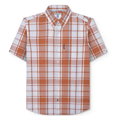 (S, Rust/White) Lambretta Mens Short Sleeve Cotton Check Button Down Collar Shirt - Rust/White