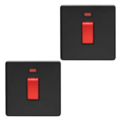 2 PACK Gang Single 45A DP Cooker Switch & Neon SCREWLESS MATT BLACK Rocker