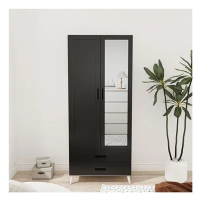 (White Black) 180cm Mirror Wardrobe Door Drawer Bedroom Clothes Storage Hanging Rail