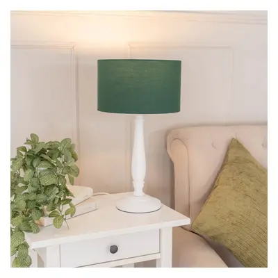 ValueLights Victoria Green Drum Shade White Wood Stem Table Lamp