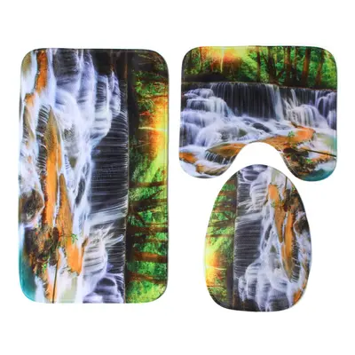 (B) 180x180CM Waterfall Printing Waterproof 3PCS Toilet Cover Mat Non-Slip Rug Set