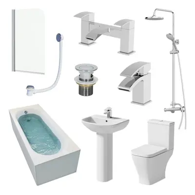 1500mm Single Ended Bathroom Suite Bath Shower Toilet Pedestal Basin Taps Screen