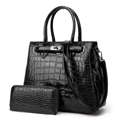 (black, one size) Crocodile Pattern Lacquer Leather Women&apos;s Bag Two Piece Handheld One Shou