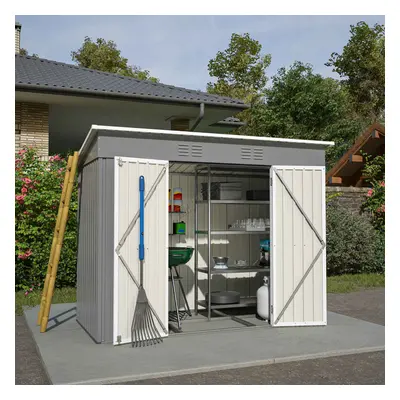 (4X8FT, Grey) BIRCHTREE Garden Shed Strong Metal Pent Roof Outdoor Storage Free Foundation New