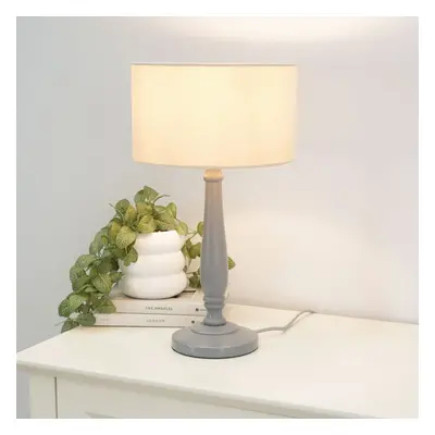 ValueLights Victoria Natural Drum Shade Grey Wood Table Lamp & Bulb