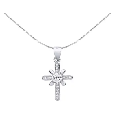 Jewelco London Ladies Sterling Silver Cubic Zirconia Sun Rays Cross Pendant Necklace inch - GVX0