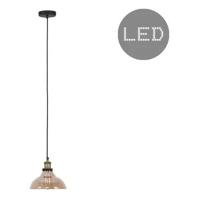 Industrial Black and Gold Ceiling Light Pendant with an Amber Tinted Clear Glass Tapered Shade -