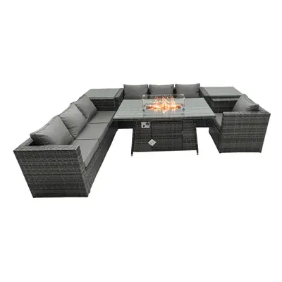 Fimous Rattan Garden Furniture Firepit Dining Set Seater Lounge Sofa Table Set with side table