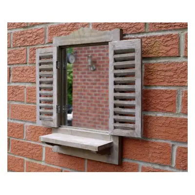 Wooden Garden Mirror Rustic Brown with Shutters & Decorative Shelf