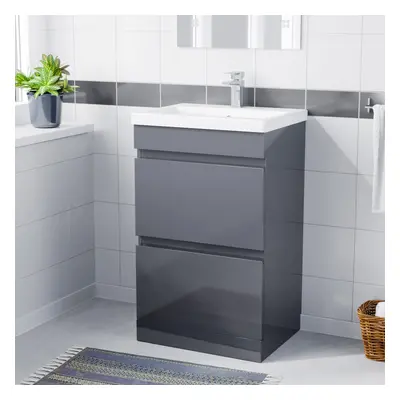 500mm Floor Standing Basin Vanity Unit Drawers Handless Steel Grey