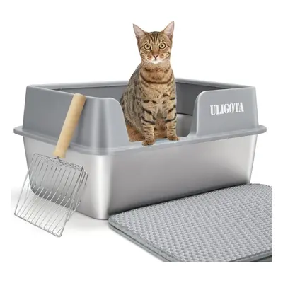 (Silver) Cat Litter Box with High Sides Stainless Steel Cat Litter Box with Lid, Large Metal Lit