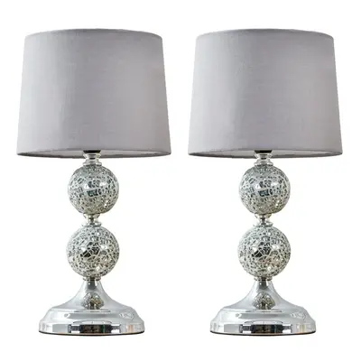 Pair of - Modern Decorative Chrome & Mosaic Crackle Glass Table Lamps with a Grey Shade - Comple