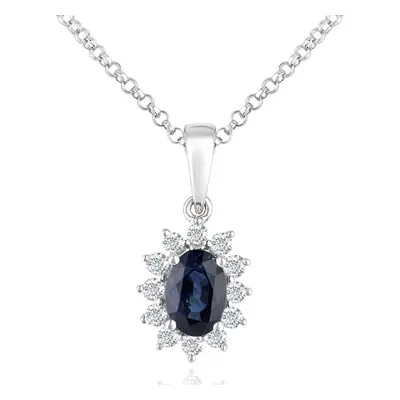 Jewelco London 18ct White Gold Round 15pts Diamond Oval 0.55ct Sapphire Cluster Pendant Necklace